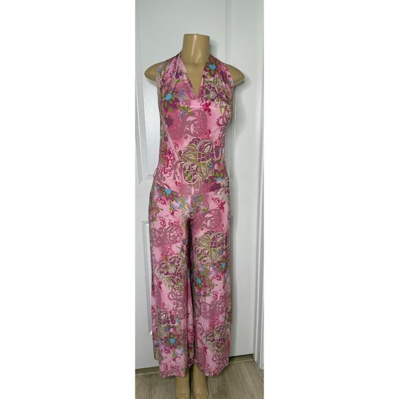 Vintage Ellen & Erin Pink Floral Halter Jumpsuit With Wide-Leg Design Open Back - Picture 1 of 6